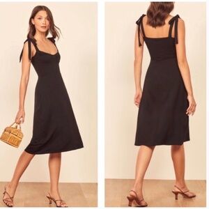 Reformation Black Sweetheart Midi Jersey Tie Shoulder Dress Small